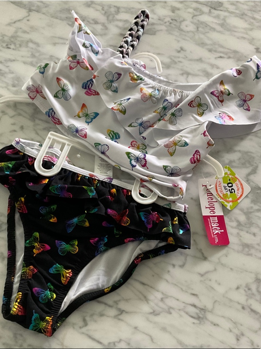 Penelope Mack Girls Butterfly Bikini - White & Black with Multicolor Butterflies